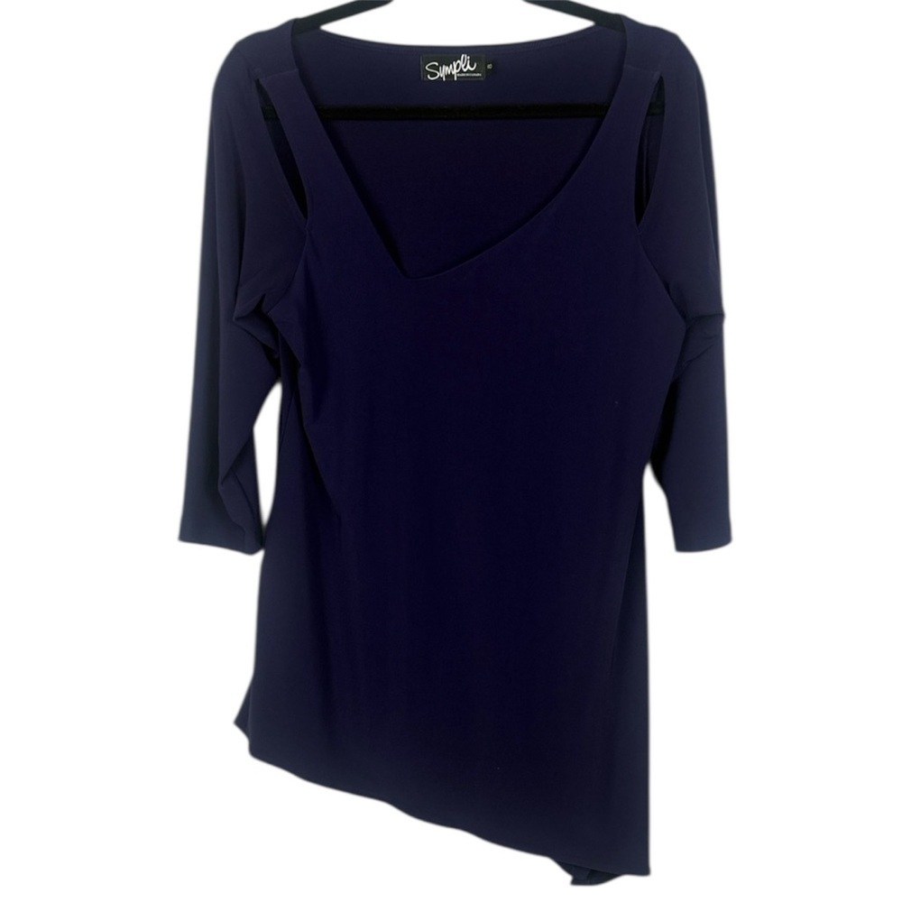 Sympli Deep Purple Nu Focus Angle Asymmetrical Hem Collar 3/4 Sleeve Top Size 8